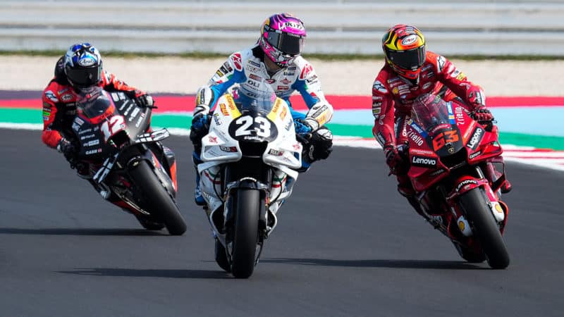 Bastianini, Bagnaia and Vinales Bastianini, Bagnaia and Vinales battle in 2022 Moisano MotoGP race
