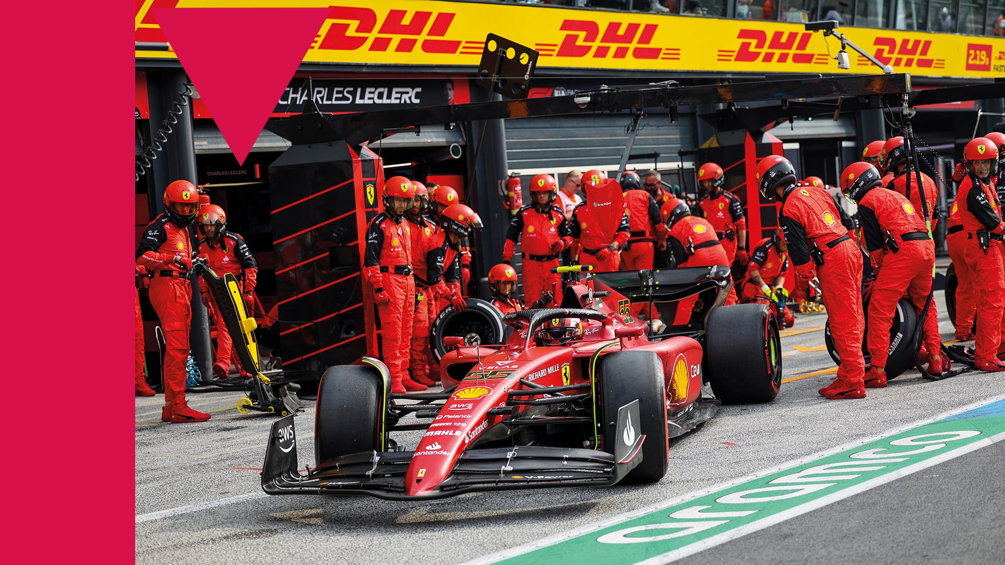 Carlos Sainz leaves Ferrari pit after a stop