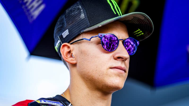 Fabio Quartararo in purple sunglasses at MotoGP Aragon round in 2022