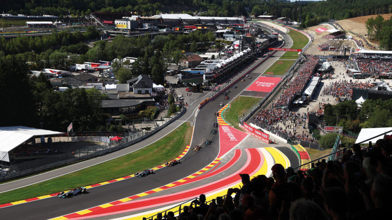Lewis Hamilton leads George Russell through Eau Rouge at the 2022 Belgian Grand Prix