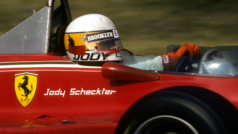 Jody Scheckter at work in the cockpit of his Ferrari 312 T4 on his way to victory in the 1979 Italian Grand Prix