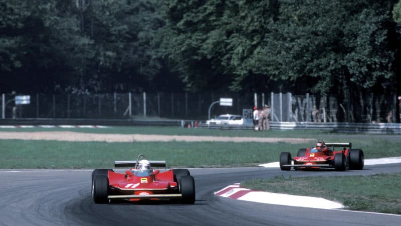 Jody Scheckter leads Gilles Villeneuve in the 1979 Italian Grand Prix