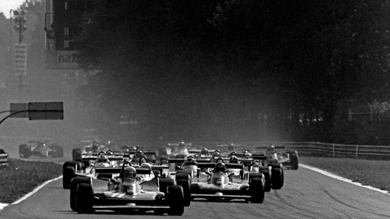 Jody Scheckter leads at the start of the 1979 Italian Grand Prix at Monza