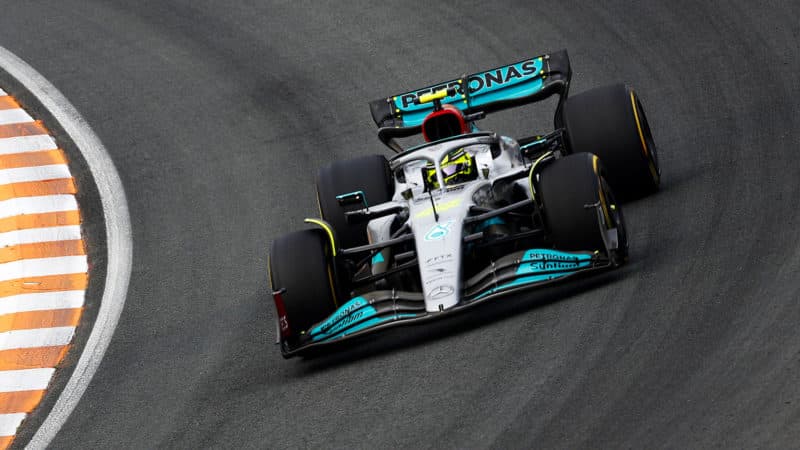 Lewis Hamilton on the Zandvoort bankling in the 2022 Dutch Grand Prix