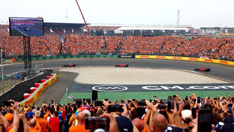 Max Verstappen leads Charles Leclerc and Carlos Sainz in the 2022 Dutch Grand Prix