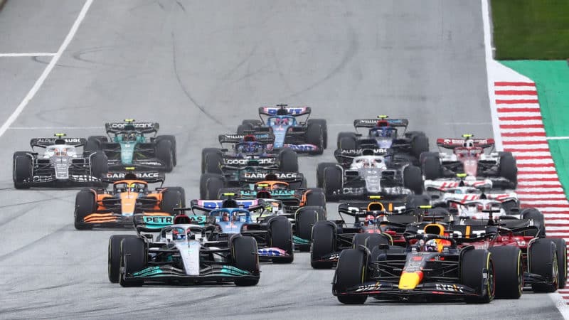 Max Verstappen leads at the start of the 2022 Austrian Grand Prix