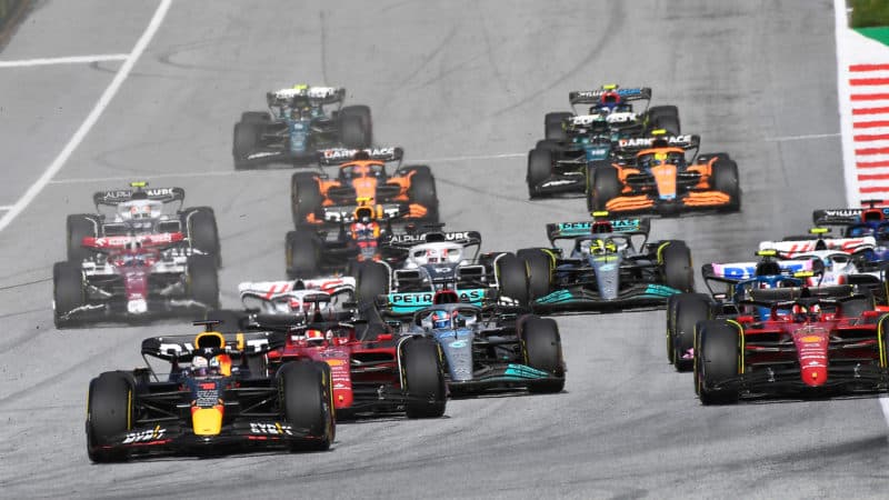 Max Verstappen leads at the start of the 2022 Austrian Grand Prix sprint race