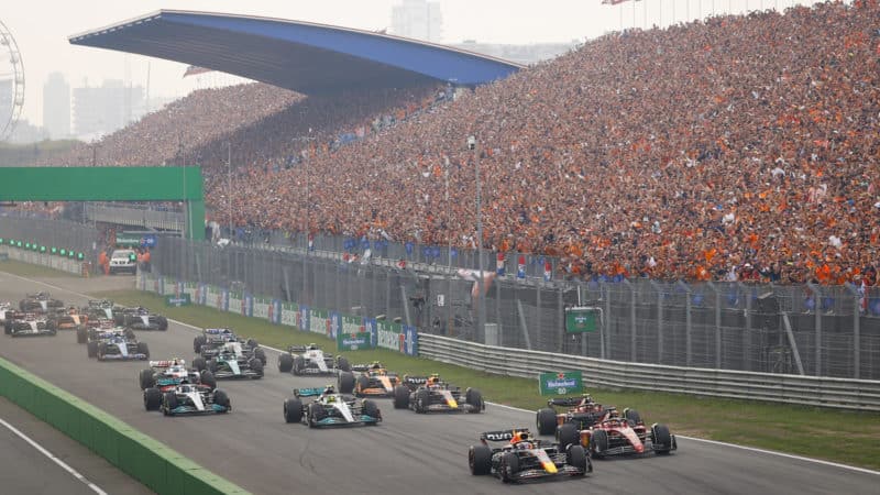 Max Verstappen leads at the start of the 2022 Dutch Grand Prix
