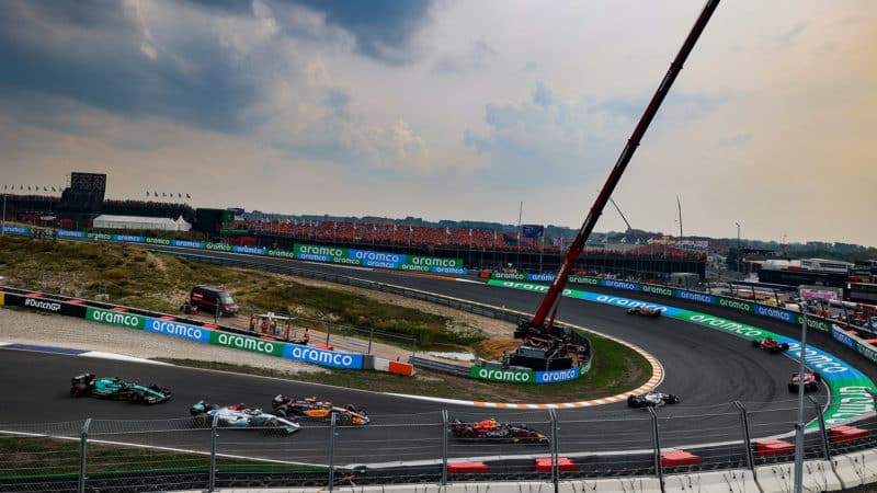 Max Verstappen leads on the first lap of the 2022 Dutch Grand Prix