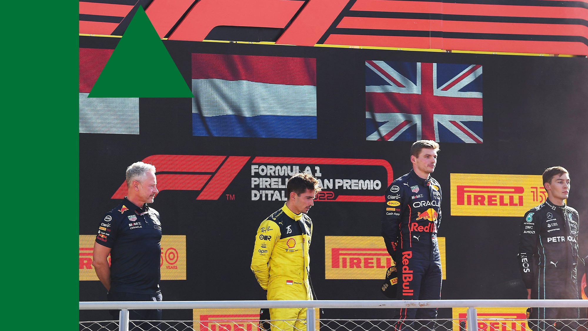 Max Verstappen on the Monza podium after winning the 2022 Italian GP