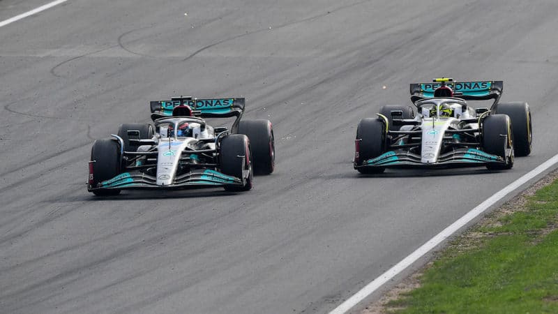 Mercedes-F1-driver-Lewis-Hamilton-and-George-RUssell-do-battle-at-the-2022-Dutch-GP