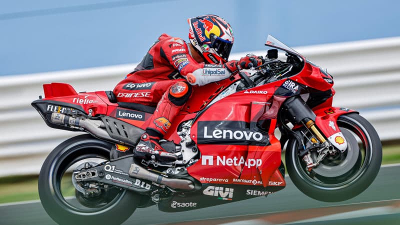 MotoGP Ducati of Jack Miller with one wheel in the air at Misano 2022