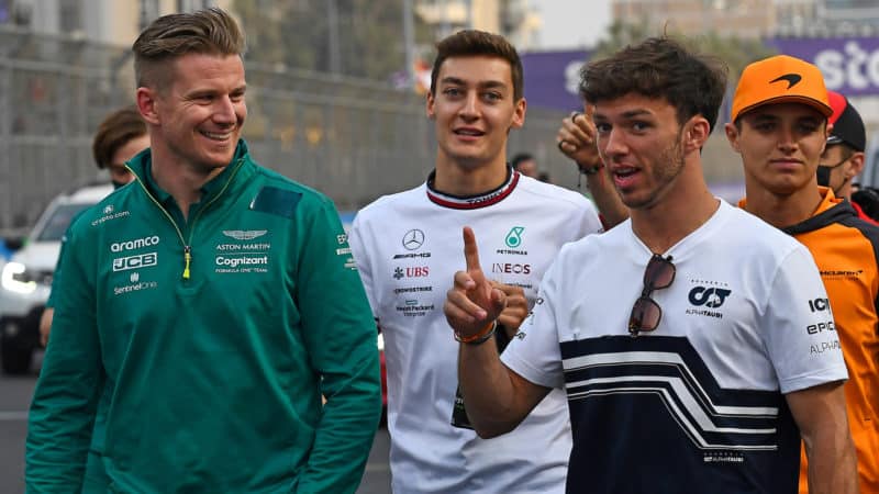 Nico Hulkenberg with Pierre Gasly George Russell and Lando Norris