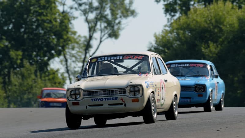 Stephen Primett leads Mark Lucock in Ford Escorts at Brands Hatch in 2022