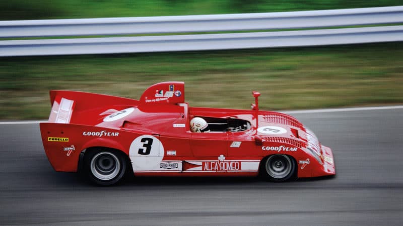 Low driving position in the Alfa Romeo T33 at the Watkins Glen 6Hrs, 1975