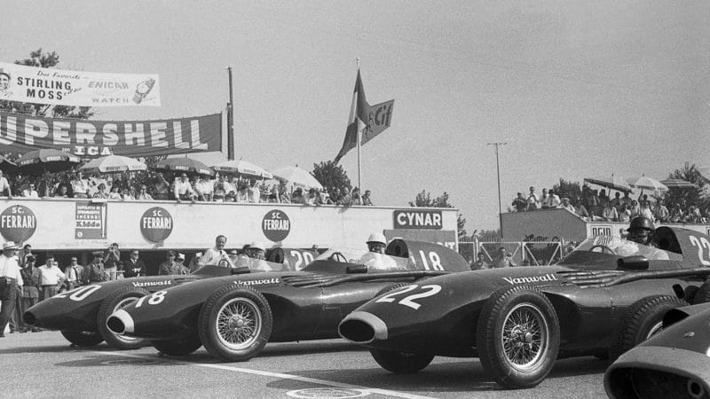 Tony Brooks alongside Stirling Moss and Stuart Lewis-Evans at the Italian Grand Prix in Monza in 1957