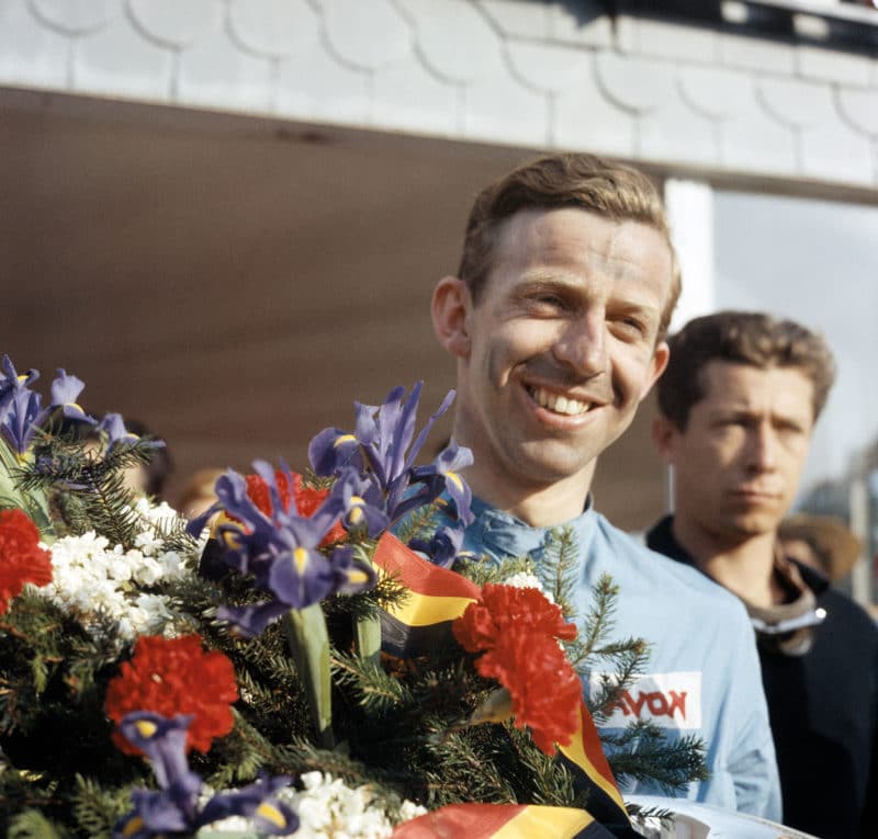 Brooks celebrates his Belgian Grand Prix victory for Vanwall in 1958