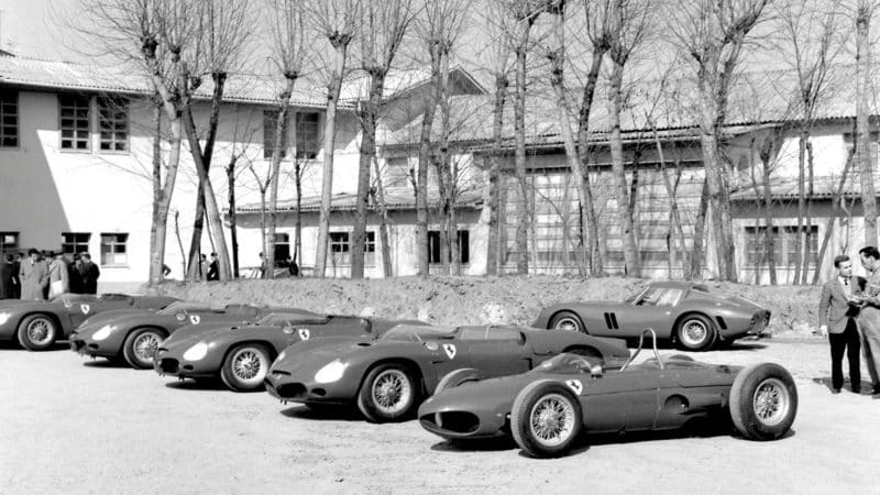 A lineup of Ferrari's race cars in 1962