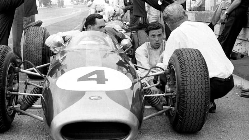 Clark sits alongside rival Jack Brabham ahead of the 1967 Sandown International