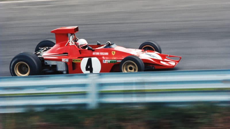 The Ferrari 312B3 was critically off the pace at the 1973 US GP, seen here missing wings in practice