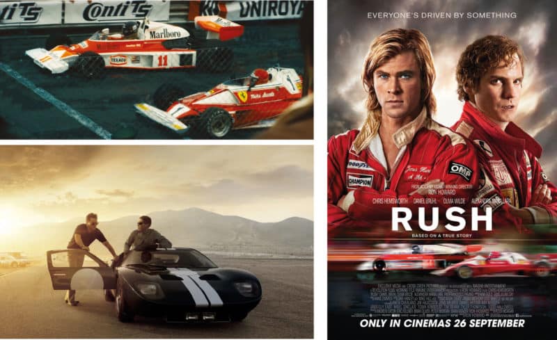 Action shot and movie poster for Rush, and Ford v Ferrari