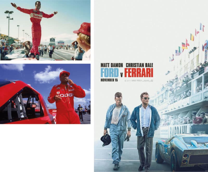 Scenes from Uppity; and the poster for Ford v Ferrari