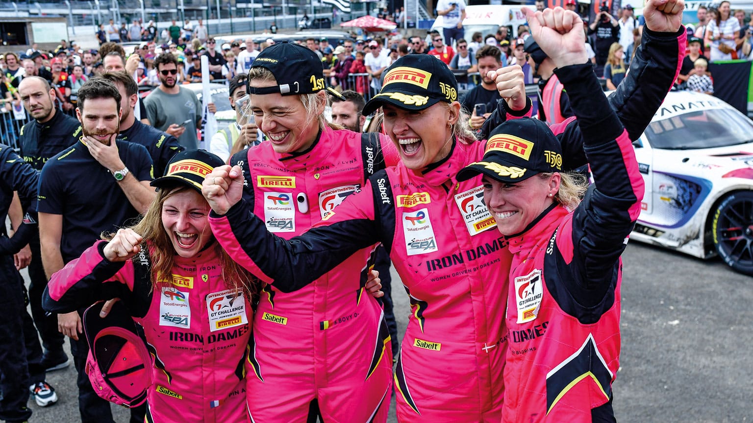 The all-female iron Dames team celebrate at the 2022 Spa 24 Hours