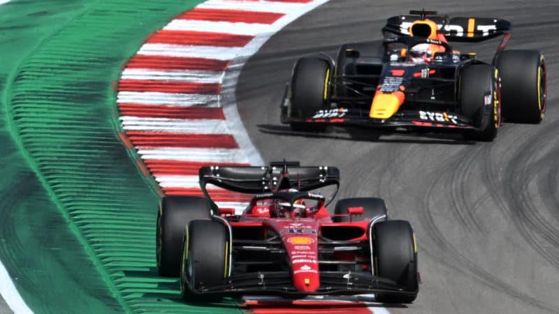 Charles Leclerc ahead of Max Verstappen in the 2022 US GP