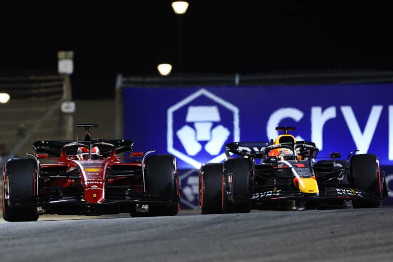 Charles Leclerc and Max Verstappen side by side in the 2022 Bahrain Grand Prix