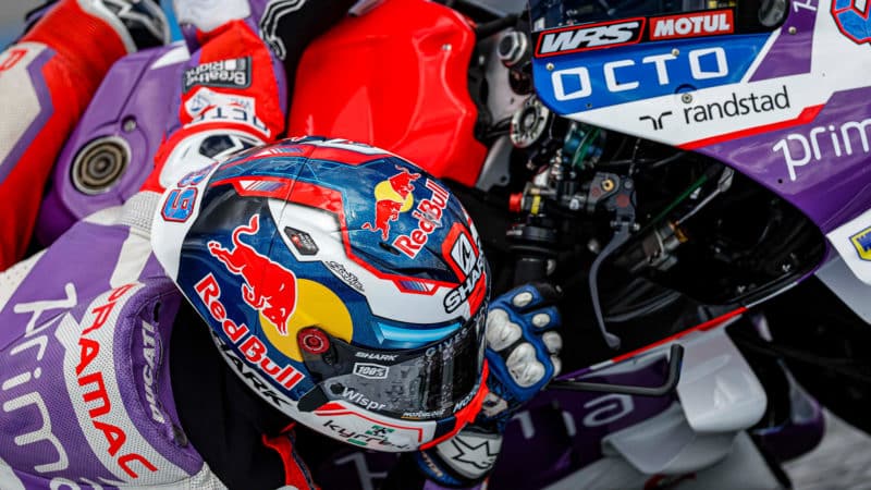Close-up of Jorge Martin cornering on his Pramac Ducati MotoGP bike
