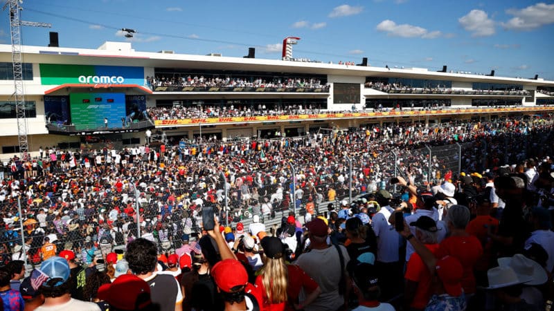 Crowds under the podium at COTA after the 2021 US Grand Prix
