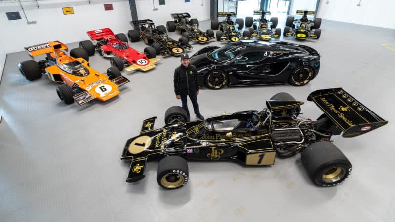 Emerson Fittipaldi with surviving Lotus 72s and Lotus Evija