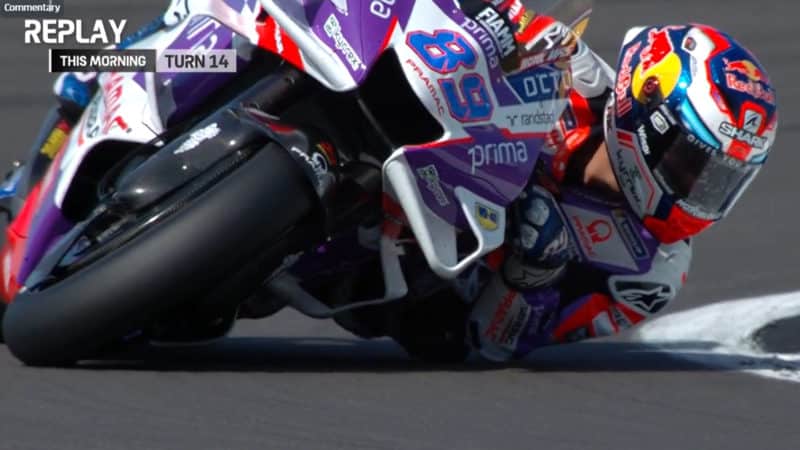 Extreme lean from Jorge Martin as he corners in Silverstone MotoGP round