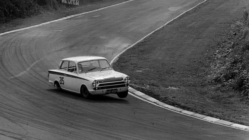 Jim Clark driving a Ford Lotus Cortina for Team Lotus at Brands Hatch