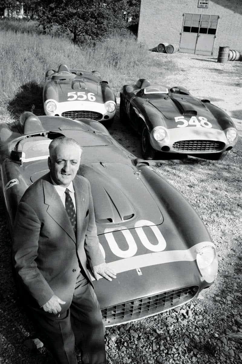 Enzo poses outside the factory with his three Mille Miglia entries of 1956. Road racing was a particular passion of his