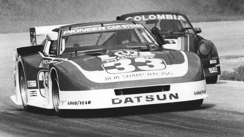 Paul Newman guides the Bob Sharp Racing Datsun 280ZX Turbo around a turn during a 1981 IMSA GT race