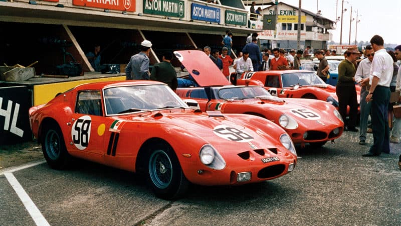 Ferraris lined up in the Le Mans pits in 1962