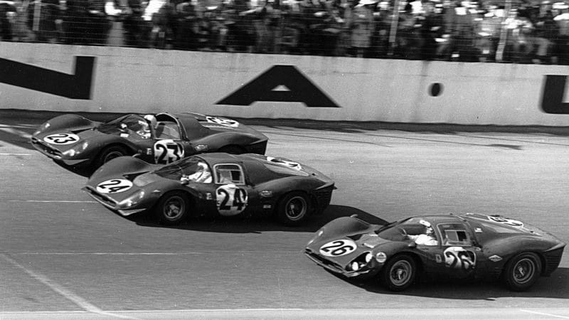 A trio of Ferraris take the chequered flag at Daytona in 1967