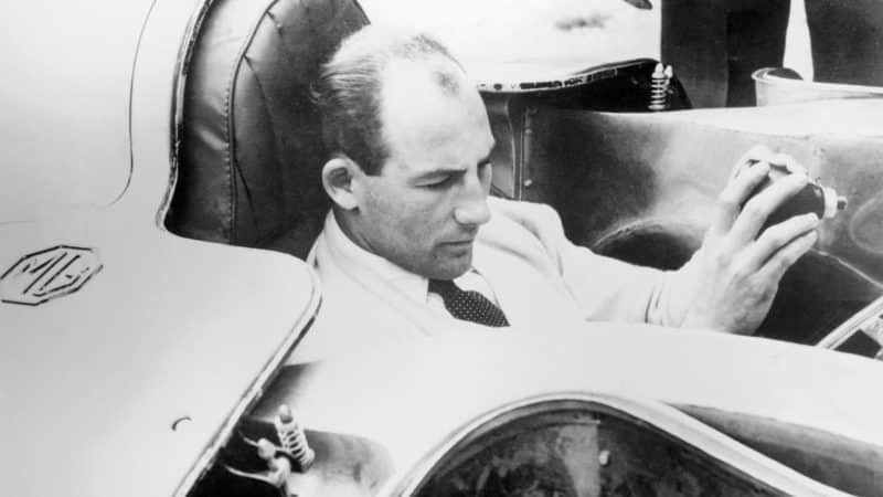 Stirling Moss in the cockpit of the MG EX181 speed record car