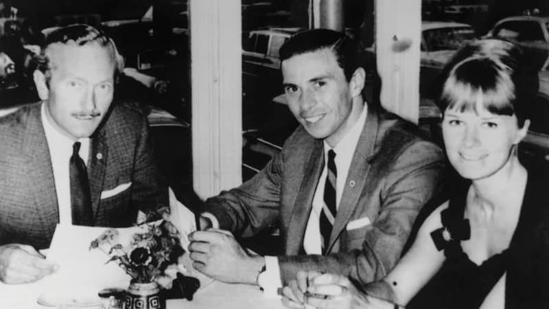 Celebration dinner for Jim Clark, the new Formula One World Champion. Seen here with girlfriend Sally Stokes and Lotus Racing team Chairman Colin Chapman
