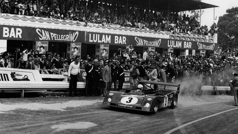 Arturo Merzario roars away in his Ferrari 312PB during the 1973 Targa