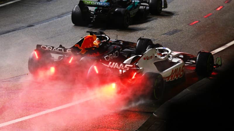 Kevin Magnussen clashes with Max Verstappen in the 2022 Singapore GP