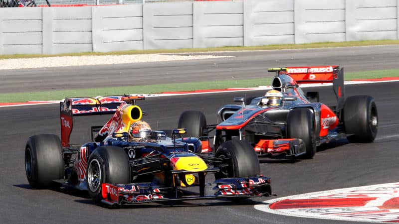 Lewis Hamilton stalks Sebastian Vettel in the 2012 US Grand Prix