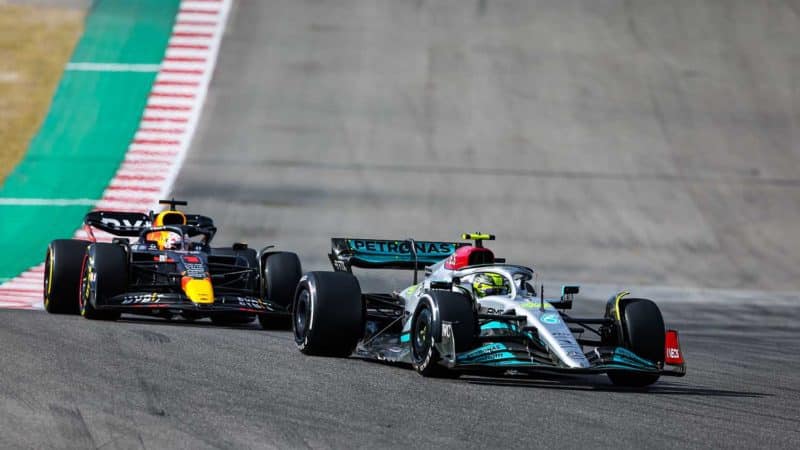 Max Verstappen follows Lewis Hamilton at the 2022 US Grand prix
