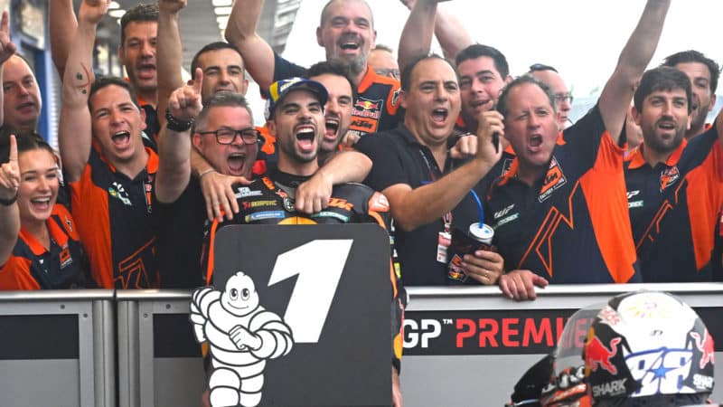Miguel Oliveira celebrates MotoGP Malaysian victory with crew and family