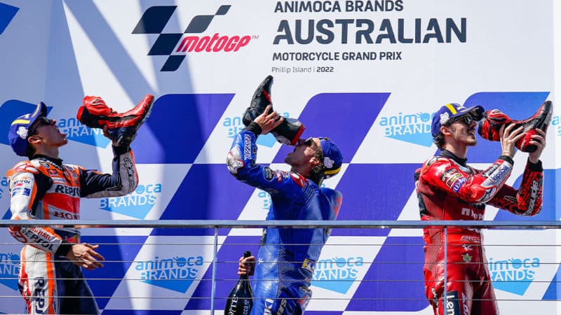 Riders-celebrate-on-the-podium-of-the-2022-Australian-GP-MotoGP-race