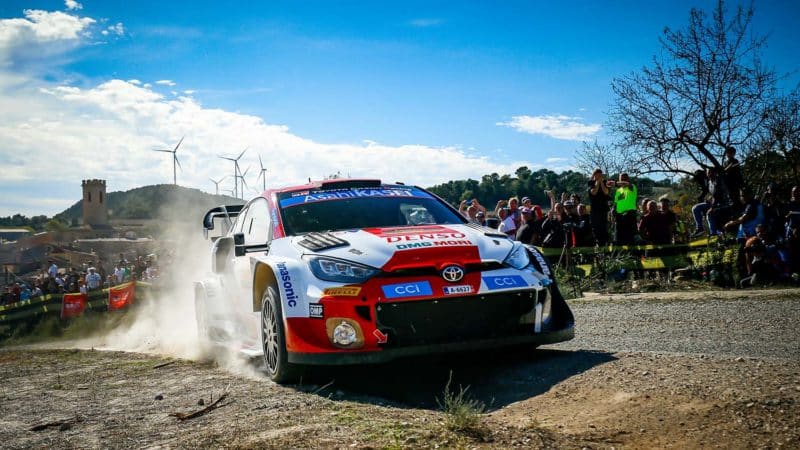 Sebastien Ogier drifts past a crowd at the 2022 WRC Catalunya Rally