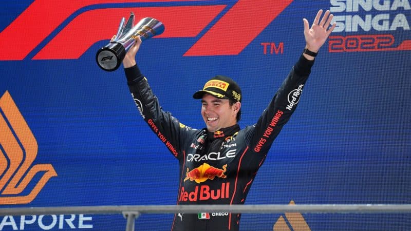 Sergio Perez celebrates 2022 Singapore GP win