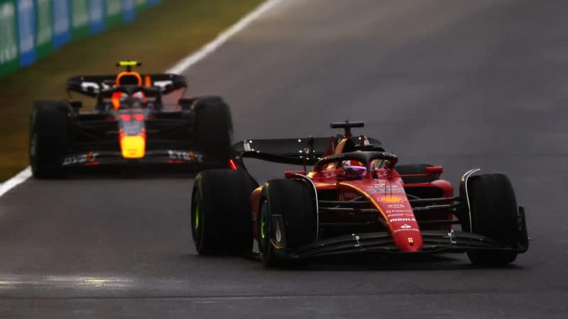 Sergio Perez follows Charles Leclerc in the 2022 Japanese Grand Prix