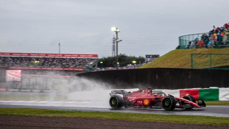 Spray from the Ferrari of Charles Leclerc in the 2022 Japanese Grand Prix
